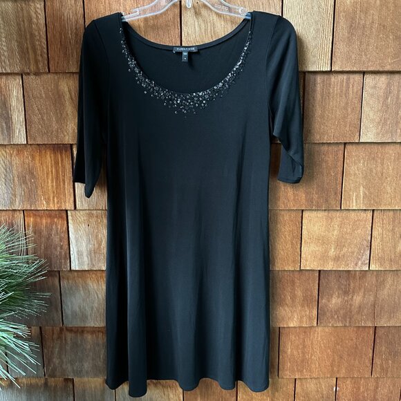 EUC Eileen Fisher Black Silk Sequin Neckline Stretch Knit A-Line Dress - Medium - Picture 4 of 11